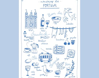 May include: A white rectangular print featuring blue line drawings of Portuguese cultural icons including a church, a tram, sardines, and swallows. The text includes phrases like memórias de PORTUGAL, Bom dia, Saudade, and Obrigado, alongside illustrations of coffee, wine, and tiles.