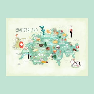 Puede incluir: Un mapa ilustrado a color de Suiza con el texto SWITZERLAND, Basel, Bern, Luzern, Zermatt, St. Moritz y Genève. El mapa incluye dibujos de una vaca, un oso, montañas, queso, chocolate, vino y varias figuras regionales representativas.