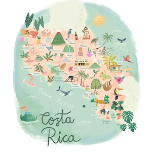 Costa Rica illustrierte Karte - Poster - herunterladbarer Costa Rica Kunstdruck