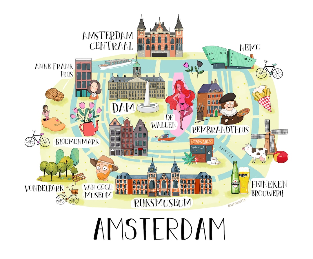 Amsterdam Illustrated Map - Etsy