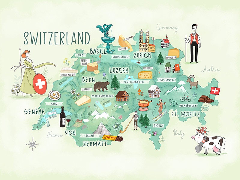 switzerland-illustrated-map-etsy for Free Printable Map Of Switzerland Switzerland Illustrated Map - Etsy for Free Printable Map Of Switzerland