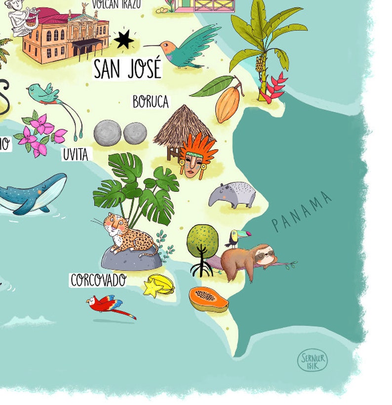 Costa Rica Illustrated Map - Etsy