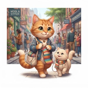 Könnte beinhalten: Eine orangefarbene getigerte Katze trägt eine blau gemusterte Strickjacke und eine Tasche mit Garn, während sie einen bunten Schal strickt. Neben der Katze läuft ein kleineres, flauschiges weißes Kätzchen mit einem gestreiften Schal.