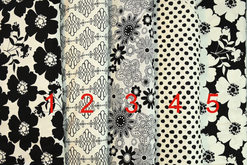 May include: Five different black and white fabric swatches with various patterns. The swatches are numbered 1 through 5.