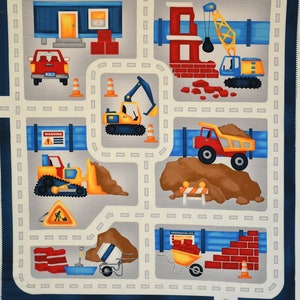 Under Construction Panel 100% cotton 36" x 44" Bulldozer Wrecking Ball Dump Truck Cement Mixer Orange Blue Red Brown