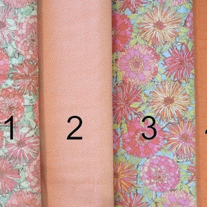 Floral Modern 100% cotton Dahlias Mums Coral Peach Pink Red Orange Green Blue Backgrounds Pink Coral Orange Tonals