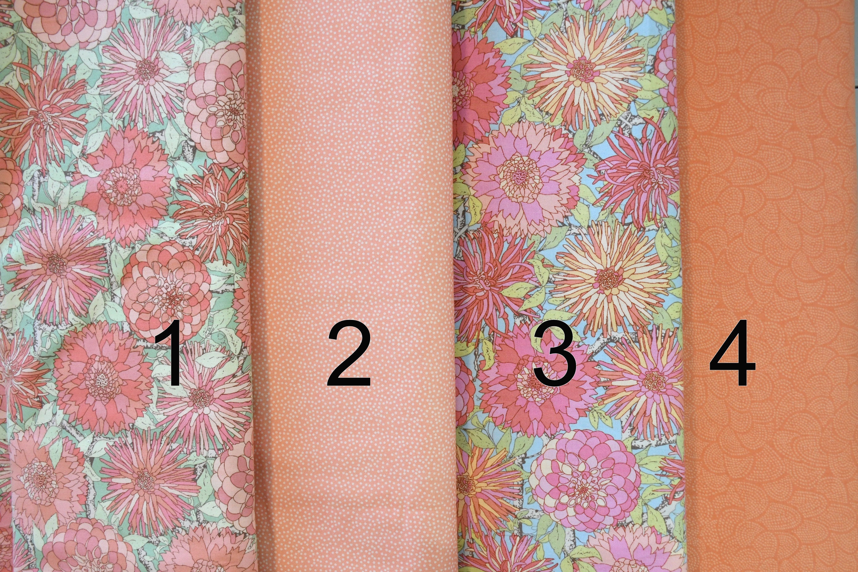 Floral Modern 100% cotton Dahlias Mums Coral Peach Pink Red Orange Green Blue Backgrounds Pink Coral Orange Tonals