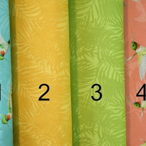 May include: Four fabric swatches featuring a hummingbird and leaf design. The swatches are numbered 1 to 4. The fabric swatches are in the following colours: light blue, yellow, green, and pink.