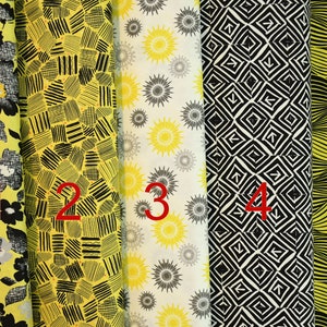Black White and Yellow 100% cotton White Flowers Black Flowers Yellow Sunburts Black White Geometric Black Yellow Waves