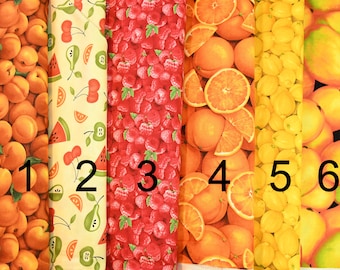 Fruit 100% cotton Apricots Watermelon Cherries Apple Pear Raspberries Oranges Lemons Mangoes