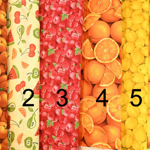 Fruit 100% cotton Apricots Watermelon Cherries Apple Pear Raspberries Oranges Lemons Mangoes