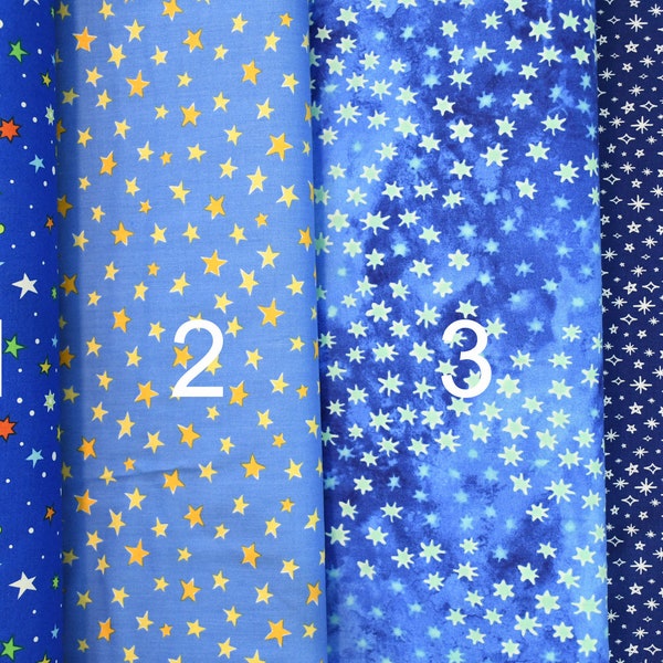 Stars 100% cotton White Green Yellow Orange Red Blue Stars Novelty Prints Variety of Blue Background Shades