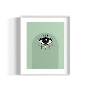 Grafika z motywem złego oka, ilustracja amuletu Hamsa, duchowa dekoracja ścienna