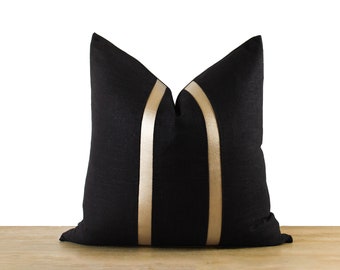 Black Linen Pillow Cover with Gold Faux Leather Stripes |  Black & Gold Decor | Glam Decor ||| Square and Lumbar Sizes + Inserts Available