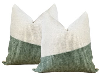 SET OF 2 | Sage Decor Pillow Covers → Sage & White Colorblock Throw Pillow | Textured Boho Decor | Minimalist Decor | Inserts Available