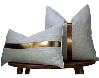 Natural Linen Pillow Cover | Natural Linen + Bronze Faux Leather Stripe | Glam Decor ||| Lumbar Sizes + Inserts Available