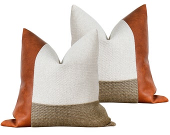 SET OF 2 | Faux Leather Colorblock Pillow Covers | White & Beige Textured Throw Pillow | Modern Minimalist Decor || Inserts Available