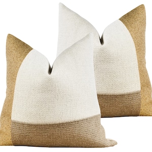 SET of 2 | Mustard Yellow Colorblock Pillow Covers | White & Beige Textured Throw Pillow | Golden Modern Minimalist ||| + LUMBAR SIZES
