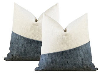 SET of 2 | Blue Coastal Décor Pillow Covers | White & Navy Blue Colorblock Throw Pillows | Nautical Lake House Décor | + LUMBAR SIZES
