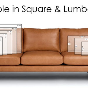 May include: A brown leather sofa with wooden legs. The image shows various square and lumbar pillow sizes, including 11", 17", and 21" options. Text at the top reads "Available in Square & Lumbar sizes."