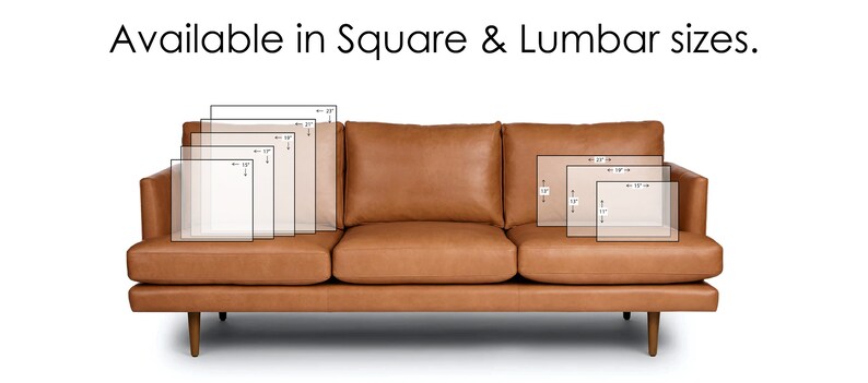 May include: A brown leather sofa with wooden legs. The image shows various square and lumbar pillow sizes, including 11", 17", and 21" options. Text at the top reads "Available in Square & Lumbar sizes."