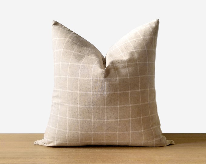 Beige & Ivory Windowpane Pillow Cover | Modern Farmhouse Decor Throw Pillow | Neutral Linen Plaid Throw Pillow ||| Lumbar Sizes Available