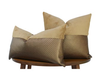 Camel Cloud Plush Fur & Metallic Gold Embossed Leather Pillow Cover | Plush Fur Throw Pillow | Lumbar Sizes + Feather Inserts Available