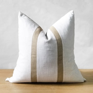 White & Beige Linen Pillow Cover | Minimalist Linen Throw Pillow | Striped Farmhouse Accent | White Coastal Décor || Inserts Available