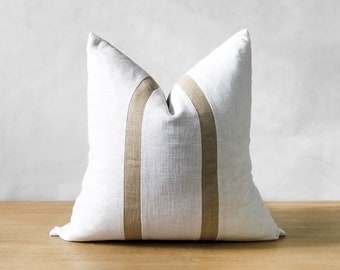 White & Beige Linen Pillow Cover | Minimalist Linen Throw Pillow | Striped Farmhouse Accent | White Coastal Décor || Inserts Available