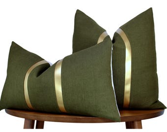 Olive Green Pillow Cover with Gold Leather Stripes | Green Linen + Faux Leather Stripes | Glam Decor ||| Lumbar Sizes + Inserts Available