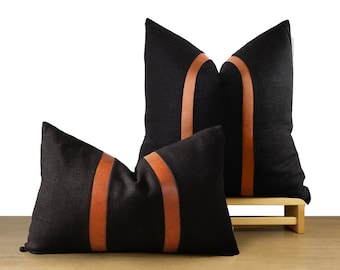 Modern Linen & Leather → Black Throw Pillow with Cognac Faux Leather Accent Stripes | Rustic, Minimilistm, Dark academia || Lumbar available