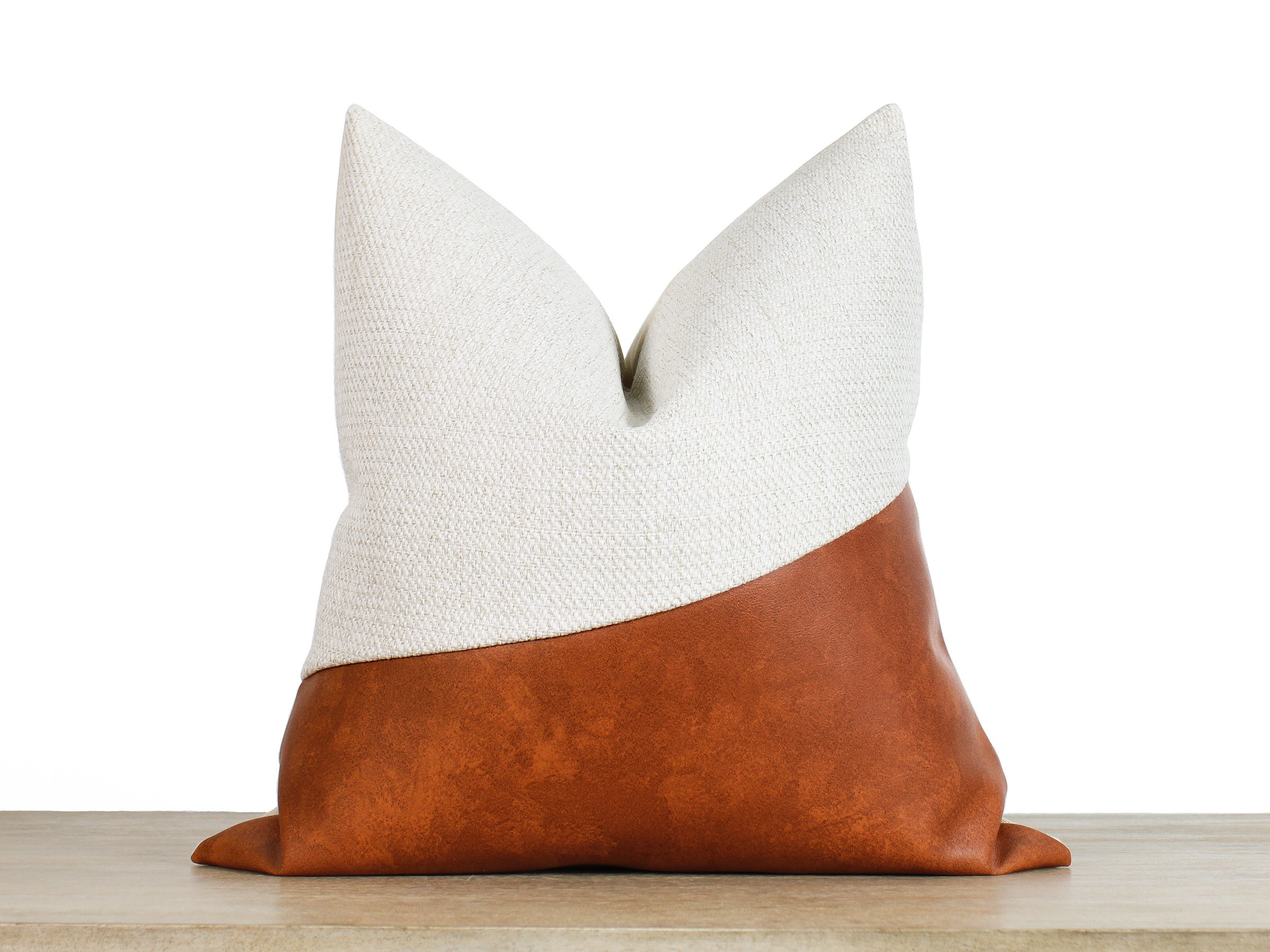 White & Cognac Faux Leather Pillow Cover Colorblock Throw Etsy