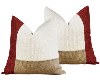 SET OF 2 | Red Colorblock Pillow Covers | White & Beige Textured Throw Pillow | Red Decor |  Burgundy Modern Minimalist || Inserts Available