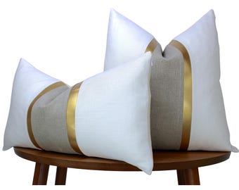 White & Natural Pillow Cover | White and Natural Linen + Gold Faux Leather Stripes | Glam Decor ||| Lumbar Sizes + Inserts Available