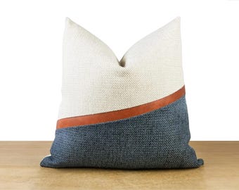 Modern Blue Colorblock → Navy Blue, White, and Faux Leather Pillow Cover | Nautical, Beach House, Lake House Décor ||| + LUMBAR SIZES