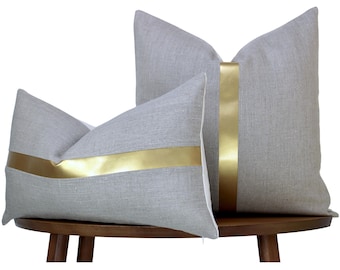 Natural Linen Pillow Cover | Natural Linen + Gold Faux Leather Stripe | Glam Decor ||| Lumbar Sizes + Inserts Available