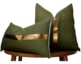 Olive Green Pillow Cover with Bronze Leather Stripe | Green Linen + Faux Leather Stripe | Glam Decor ||| Lumbar Sizes + Inserts Available
