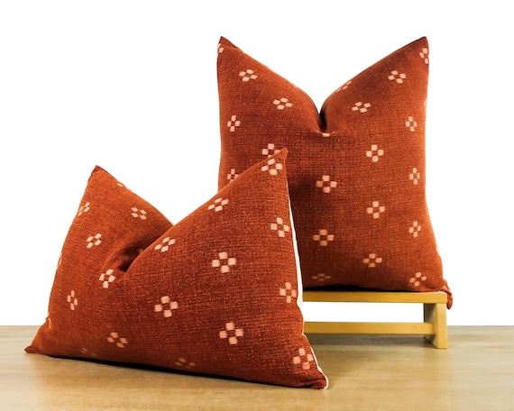 Burnt Orange Batik Pillow Cover 100 Cotton 20x20 Square 14x20 Lumbar Boho Rust White Throw Pillow Pillow Insert Available Etsy