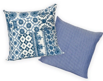 Blue and White Throw Pillow | Traditonal Patchwork | Blue & White Stripe  | Modern Farmhouse ||| Lumbar Sizes Available