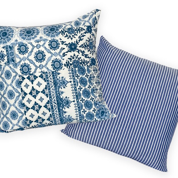 Blue and White Throw Pillow | Traditonal Patchwork | Blue & White Stripe  | Modern Farmhouse ||| Lumbar Sizes Available