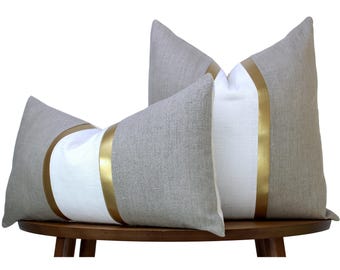 Natural & White Pillow Cover | White and Natural Linen + Gold Faux Leather Stripes | Glam Decor ||| Lumbar Sizes + Inserts Available