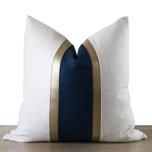 White & Blue Pillow Cover | White and Blue Linen + Gold Faux Leather Stripes | Glam Decor ||| Lumbar Sizes + Inserts Available