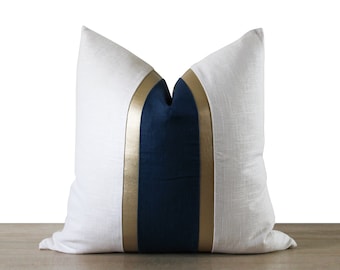 White & Blue Pillow Cover | White and Blue Linen + Gold Faux Leather Stripes | Glam Decor ||| Lumbar Sizes + Inserts Available