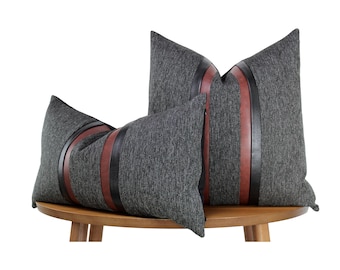 Textured Ebony & Faux Leather Stripe Pillow Cover → White + Ebony and Cognac Brown | Modern Farmhouse Living Room Decor ||| + LUMBAR SIZES