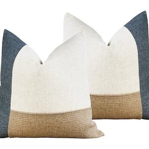 Juego de 2 fundas de almohada con decoración costera azul / Cojines decorativos con bloques de color azul marino, blanco y beige / Decoración náutica de casa de lago / + Medidas lumbares