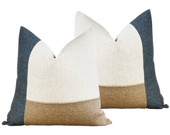 SET of 2 | Blue Coastal Décor Pillow Covers | Navy Blue, White & Beige Colorblock Throw Pillows | Nautical Lake House Décor | + LUMBAR SIZES