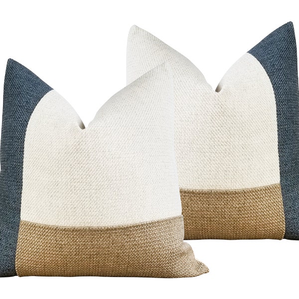 SET of 2 | Blue Coastal Décor Pillow Covers | Navy Blue, White & Beige Colorblock Throw Pillows | Nautical Lake House Décor | + LUMBAR SIZES