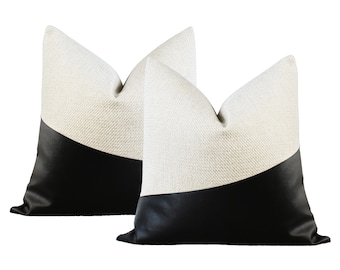 SET OF 2 | White & Black Pillow Covers | White Textured Throw Pillow with Black Faux Leather | Modern Minimalist || Pillow Inserts Available