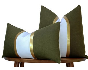 Olive Green & White Pillow Cover | White and Green Linen + Gold Faux Leather Stripes | Glam Decor ||| Lumbar Sizes + Inserts Available