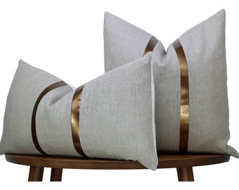 Natural Linen Pillow Cover | Natural Linen + Bronze Faux Leather Stripes | Glam Decor ||| Lumbar Sizes + Inserts Available